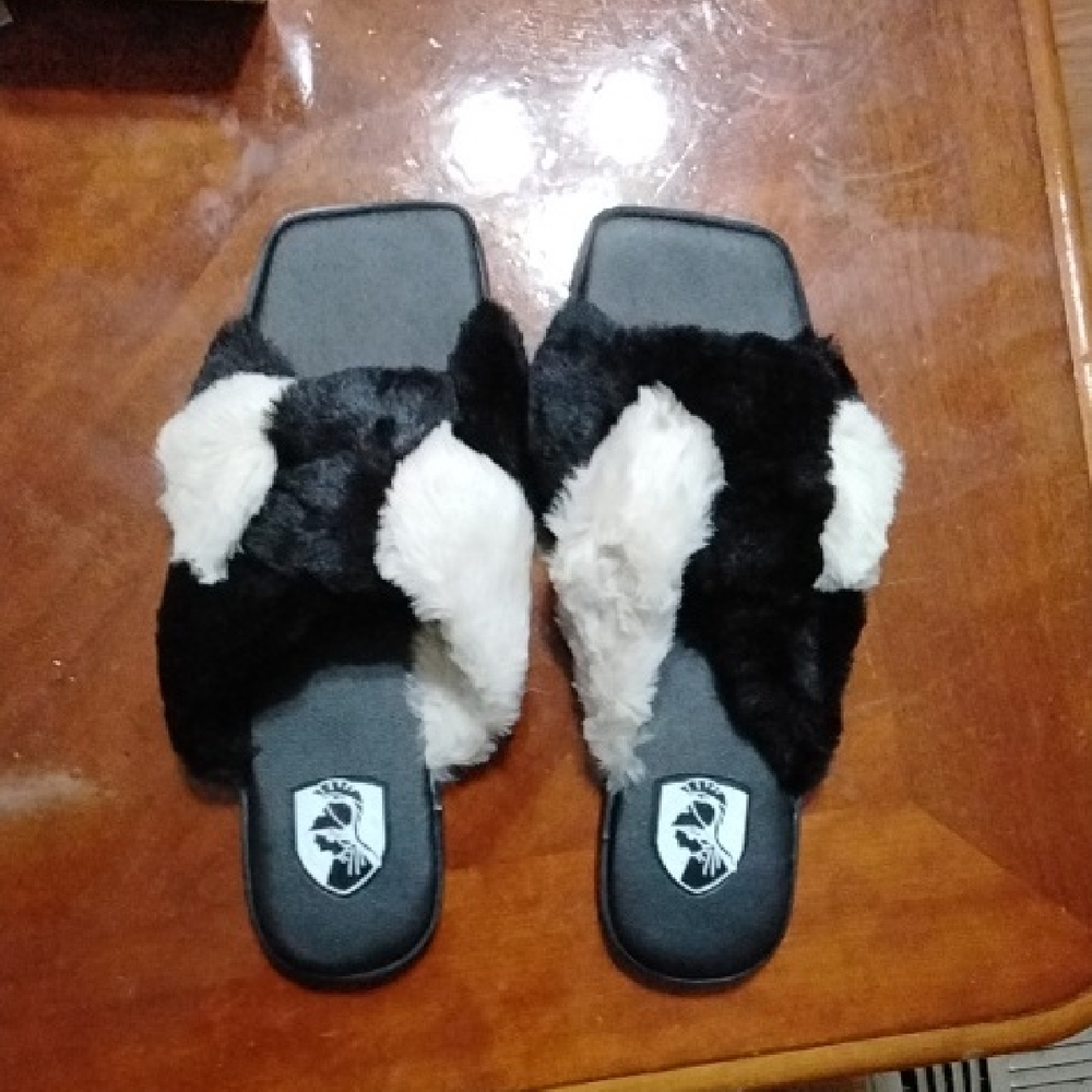 Vinienne Hu Black and White Fur Slide Sandals